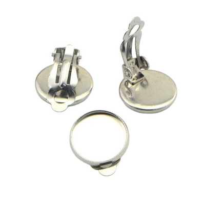 12mm Bezel earring setting, clip-on, silver, pair