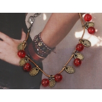 Red currant beads antiqued brass bracelet
